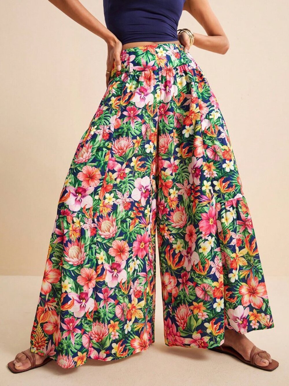 Blue Boho Women's Vacation Tropical Floral All-Over Print Wide Leg Pants